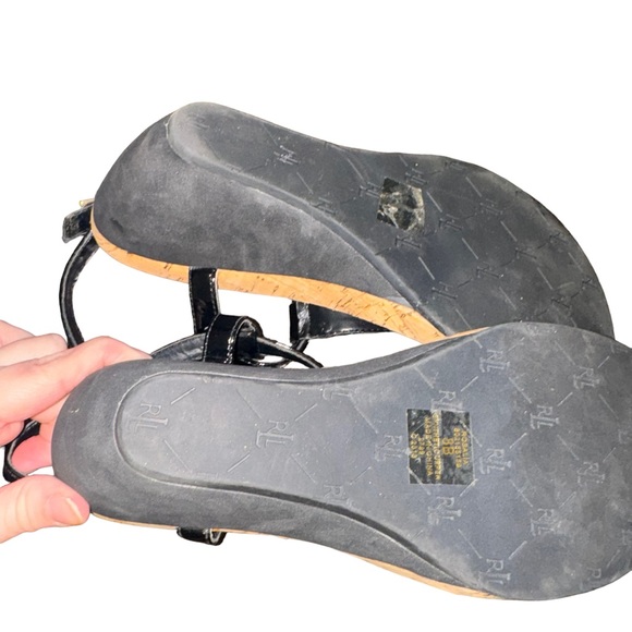 Lauren Ralph Lauren Black Wedge Rosalia T-Strap Wedge Cork Shoes Size 8 - Picture 5 of 7
